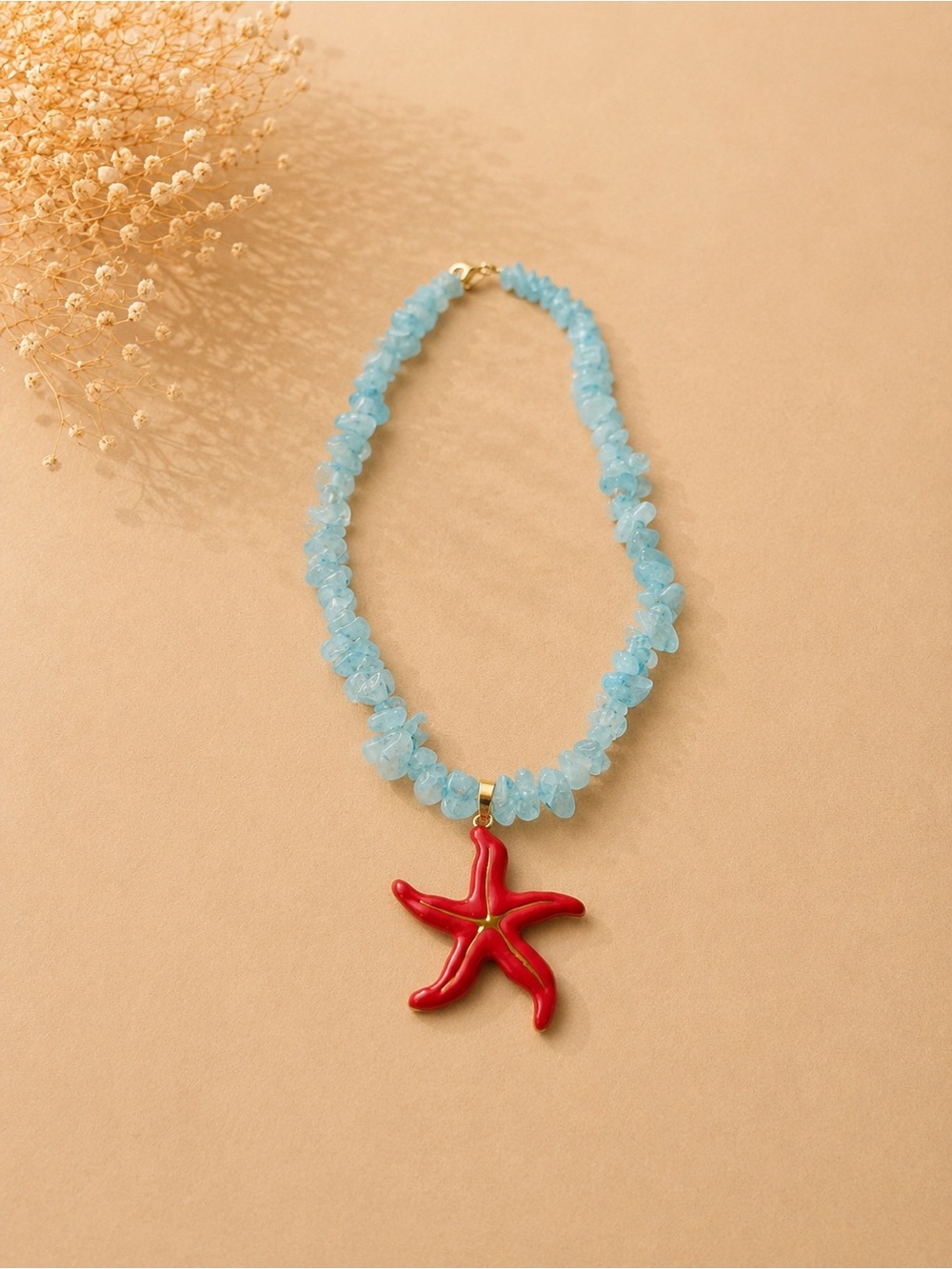 Blue Glass Crystal Beaded Necklace with Red Starfish Pendant